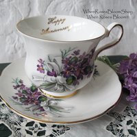 Vintage Tea Cup English Bone China Violets Happy Anniversary  Retro Tea Gift Classic Mid Century Modern Shabby Chic Tea  WhenRosesBloom