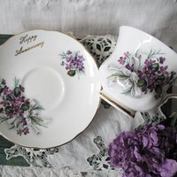 Vintage Tea Cup English Bone China Violets Happy Anniversary  Retro Tea Gift Classic Mid Century Modern Shabby Chic Tea  WhenRosesBloom