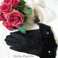 Vintage Black Gloves Sz 6+  Velvet Elegant Hollywood Glamour Dance Wedding Evening Cocktail Steampunk Cosplay Free Ship US  WhenRosesBloom
