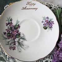 Vintage Tea Cup English Bone China Violets Happy Anniversary  Retro Tea Gift Classic Mid Century Modern Shabby Chic Tea  WhenRosesBloom
