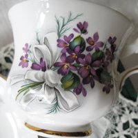 Vintage Tea Cup English Bone China Violets Happy Anniversary  Retro Tea Gift Classic Mid Century Modern Shabby Chic Tea  WhenRosesBloom