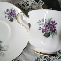 Vintage Tea Cup English Bone China Violets Happy Anniversary  Retro Tea Gift Classic Mid Century Modern Shabby Chic Tea  WhenRosesBloom