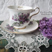 Vintage Tea Cup English Bone China Violets Happy Anniversary  Retro Tea Gift Classic Mid Century Modern Shabby Chic Tea  WhenRosesBloom