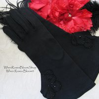 Vintage Black Gloves Gauntlet wrist beads  Elegant Hollywood Glamour Dance Evening Cocktail Steampunk Cosplay Free Ship US  WhenRosesBloom
