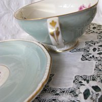 Vintage Tea Cup Turquoise Blue  Rose Footed Melrose German US Zone  Downton Elegant Shabby Chic Mid Century Tea Party Gift  WhenRosesBloom