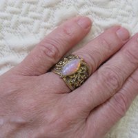 Vintage Costume Statement Ring Retro 60 Hollywood Party Style Elegant Wedding Jewelry Faux Opal Moonstone Aurora Borealis WhenRosesBloom