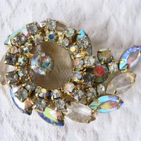 Rhinestone Brooch Vintage Costume Jewelry Aurora Borealis Statement Pin Bridal  Mid Century Retro Style Lapel Dress Pin When Roses Bloom