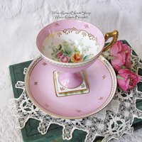 Vintage Footed Tea Cup Pink Floral  Made Japan Mid Century Retro Elegant Tea Gift Victoria Downtown Tea Cottage Shabby Chic WhenRosesBloom