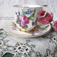 Vintage Floral Tea Cup Spring Roses English Bone China Tea Gift Dainty Elegant Shabby Chic Retro Mid Century Classic British WhenRosesBloom