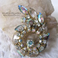 Rhinestone Brooch Vintage Costume Jewelry Aurora Borealis Statement Pin Bridal  Mid Century Retro Style Lapel Dress Pin When Roses Bloom