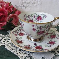 Vintage Rose Chintz Tea Cup Pink Purple Japan Mid Century Retro Elegant Tea Gift Victoria Downtown Tea Cottage Shabby Chic WhenRosesBloom