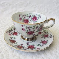 Vintage Rose Chintz Tea Cup Pink Purple Japan Mid Century Retro Elegant Tea Gift Victoria Downtown Tea Cottage Shabby Chic WhenRosesBloom