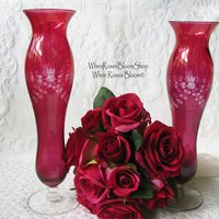 Vintage Pair Etched Cranberry Glass Flower Bud Vase Pair 2 Ruby Flash Style Bohemian Glass Shabby Decor Style  Farmhouse WhenRosesBloom
