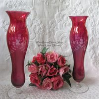 Vintage Pair Etched Cranberry Glass Flower Bud Vase Pair 2 Ruby Flash Style Bohemian Glass Shabby Decor Style  Farmhouse WhenRosesBloom