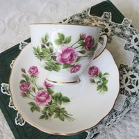 Vintage Tea Cup Pink Roses English Bone China Retro Tea Gift Mid Century Shabby Chic Farmhouse Jane Austen Downton Abbey WhenRosesBloom