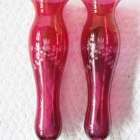 Vintage Pair Etched Cranberry Glass Flower Bud Vase Pair 2 Ruby Flash Style Bohemian Glass Shabby Decor Style  Farmhouse WhenRosesBloom