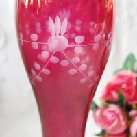 Vintage Pair Etched Cranberry Glass Flower Bud Vase Pair 2 Ruby Flash Style Bohemian Glass Shabby Decor Style  Farmhouse WhenRosesBloom