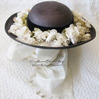 Vintage Blue Straw Hat Classic  Flowers Garden Tea Party Hat Summer Straw Hat with Flowers Mid Century Elegant Cosplay WhenRosesBloom