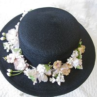 Vintage Black Straw Hat Classic  Flowers Garden Tea Party Hat Summer Straw Hat with Flowers Elegant Cosplay WhenRosesBloom