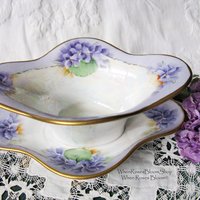 Vintage Violet China Sauce Gravy Jam Dish with Plate Hand Painted 1900's Edwardian Victorian Downton Cottage Shabby Chic WhenRosesBloom