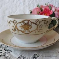 Tea Cup & Saucer Japan Gold Tea For Two Downton Tea Cottage Farmhouse Shabby Chic Mid Century Tea Style Gold Creme floral WhenRosesBloom