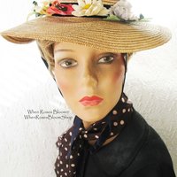 Straw Hat with flowers Vintage Classic Romantic Elegance Retro  Artsy Style Garden Wedding Tea Party Cosplay  WhenRosesBloom