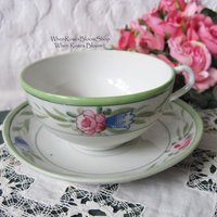 4 Tea Cups Pink Roses with Green leaves Set 4 Vintage Made in Japan Tea Time Gift Mid Century Farmhouse Cottage Shabby Chic WhenRosesBloom