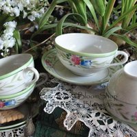 4 Tea Cups Pink Roses with Green leaves Set 4 Vintage Made in Japan Tea Time Gift Mid Century Farmhouse Cottage Shabby Chic WhenRosesBloom