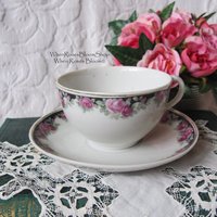6 Tea Cups Pink Roses Black Chintz Look Set 6 Vintage Made in Japan Tea Time Gift Mid Century Farmhouse Cottage Shabby Chic WhenRosesBloom