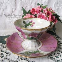 Tea Cup Pink Roses Footed Japan Vintage Downton Tea Time Gift Cottage Shabby Chic Mid Century Tea Style  WhenRosesBloom