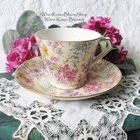 Vintage Tea Cup Chintz Pink Purple Heather Floral English Bone china Tea Cup  Downton Shabby Chic Mid Century Tea Party Gift  WhenRosesBloom