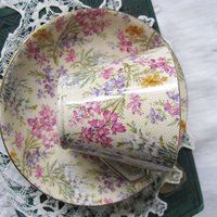 Vintage Tea Cup Chintz Pink Purple Heather Floral English Bone china Tea Cup  Downton Shabby Chic Mid Century Tea Party Gift  WhenRosesBloom