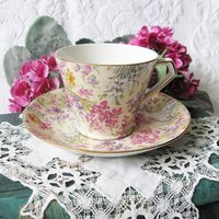 Vintage Tea Cup Chintz Pink Purple Heather Floral English Bone china Tea Cup  Downton Shabby Chic Mid Century Tea Party Gift  WhenRosesBloom