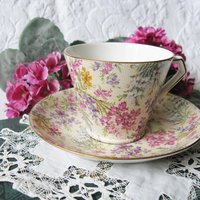 Vintage Tea Cup Chintz Pink Purple Heather Floral English Bone china Tea Cup  Downton Shabby Chic Mid Century Tea Party Gift  WhenRosesBloom