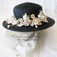 Vintage Black Straw Hat Classic  Flowers Garden Tea Party Hat Summer Straw Hat with Flowers Elegant Cosplay WhenRosesBloom