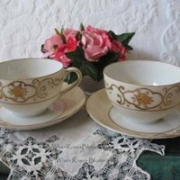 Tea Cup & Saucer Japan Gold Tea For Two Downton Tea Cottage Farmhouse Shabby Chic Mid Century Tea Style Gold Creme floral WhenRosesBloom
