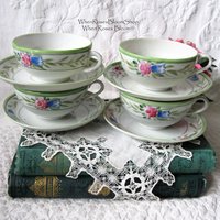 4 Tea Cups Pink Roses with Green leaves Set 4 Vintage Made in Japan Tea Time Gift Mid Century Farmhouse Cottage Shabby Chic WhenRosesBloom