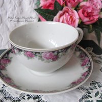 6 Tea Cups Pink Roses Black Chintz Look Set 6 Vintage Made in Japan Tea Time Gift Mid Century Farmhouse Cottage Shabby Chic WhenRosesBloom