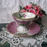 Tea Cup Pink Roses Footed Japan Vintage Downton Tea Time Gift Cottage Shabby Chic Mid Century Tea Style  WhenRosesBloom