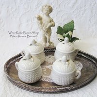 Vintage Pots de Creme  Set 4 White Creamware covered cup Shabby Chic Cottage Farmhouse Romantic Retro Mid Century Urban Style WhenRosesBloom