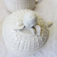 Vintage Pots de Creme  Set 4 White Creamware covered cup Shabby Chic Cottage Farmhouse Romantic Retro Mid Century Urban Style WhenRosesBloom