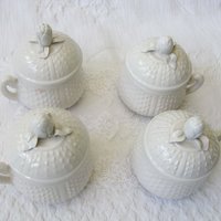 Vintage Pots de Creme  Set 4 White Creamware covered cup Shabby Chic Cottage Farmhouse Romantic Retro Mid Century Urban Style WhenRosesBloom