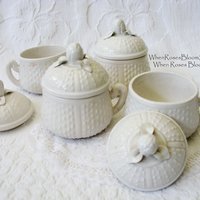 Vintage Pots de Creme  Set 4 White Creamware covered cup Shabby Chic Cottage Farmhouse Romantic Retro Mid Century Urban Style WhenRosesBloom