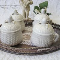 Vintage Pots de Creme  Set 4 White Creamware covered cup Shabby Chic Cottage Farmhouse Romantic Retro Mid Century Urban Style WhenRosesBloom