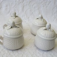 Vintage Pots de Creme  Set 4 White Creamware covered cup Shabby Chic Cottage Farmhouse Romantic Retro Mid Century Urban Style WhenRosesBloom