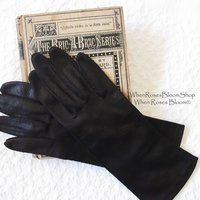 Vintage Gloves Black Sz 6 1/2 Faux Leather Vegan Fabric Elegant Classic Mid Century Mod  Cocktail Party Style  Free Ship US WhenRosesBloom