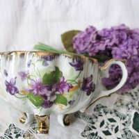 Tea Cup Purple Violets footed Melon Shape Japan Vintage Retro TeaTime Elegant Tea Gift Mid Century Shabby Chic  WhenRosesBloom Classic Tea