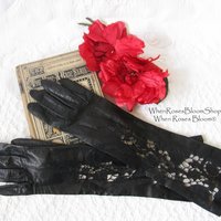 Vintage Gloves Black Sz 6 1/2 Kid Leather Downton Miss Fisher Audrey Hepburn Steampunk Cosplay NOS new old FREE Ship US  WhenRosesBloom