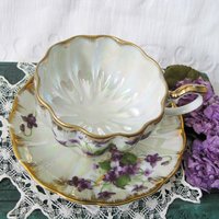 Tea Cup Purple Violets footed Melon Shape Japan Vintage Retro TeaTime Elegant Tea Gift Mid Century Shabby Chic  WhenRosesBloom Classic Tea