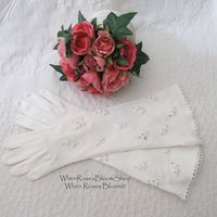 Vintage White Gloves Long Eyelet Embroidery Retro Mid Century Wedding Bride  Free Ship US Downton Austen Titanic Cosplay    When Roses Bloom